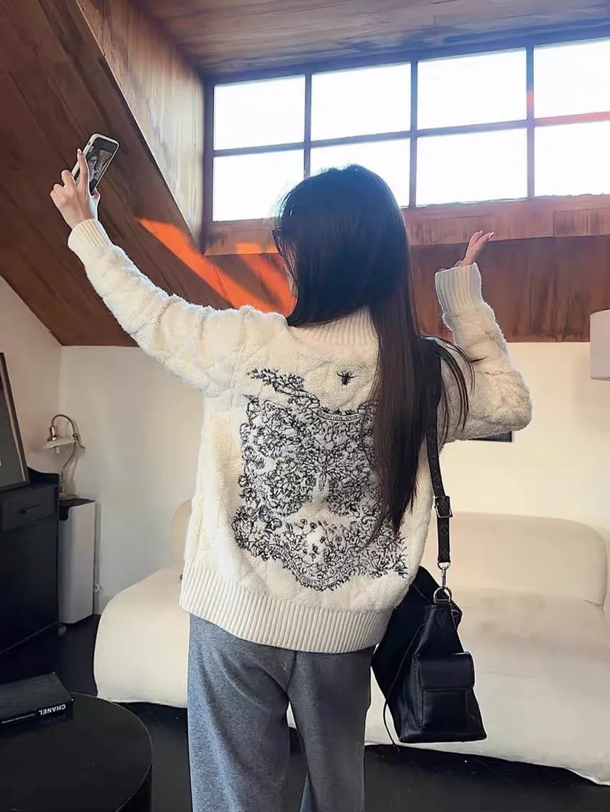 

Heavy Embroidery Knitted Cardigan Women's Sweater Thi Outerwear Casual Loose Sle Long Sve Zipper Closure