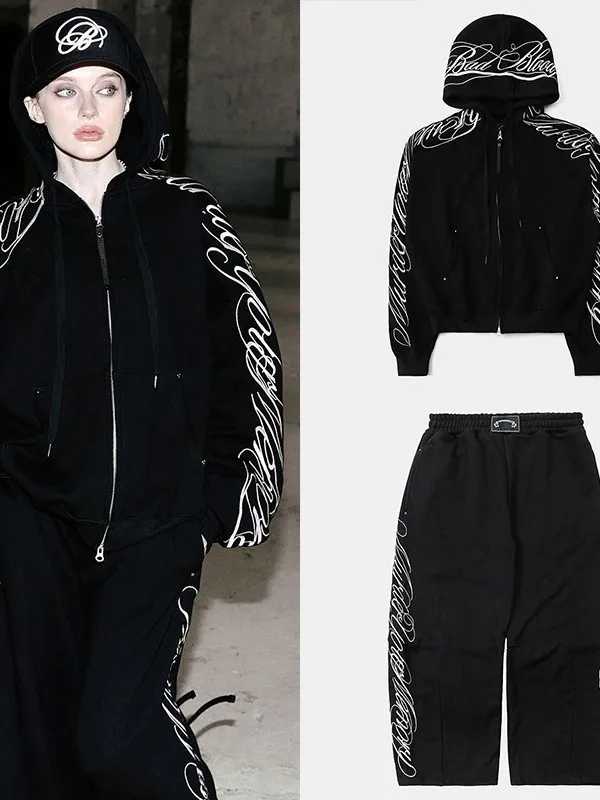 Sudadera con capucha y cremallera con bordado pesado Retro americano, pantalones de pierna ancha Jaet, conjunto de dos piezas, ropa deportiva informal Faionable