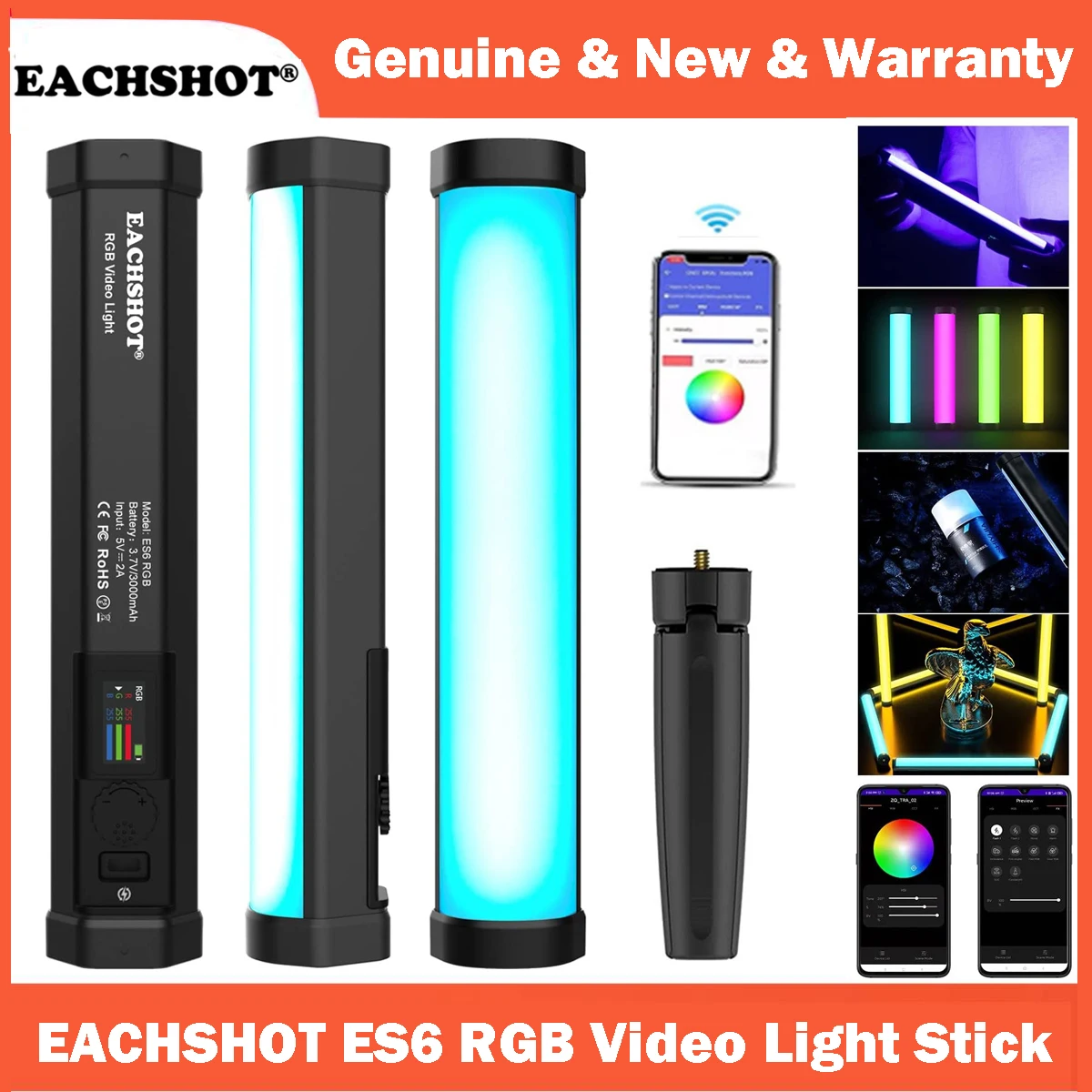 

EACHSHOT ES6 Handheld RGB Video Light Wand Stick With Tripod 2800k-8500k Full Color Photography Lighting Rechargable APP Control