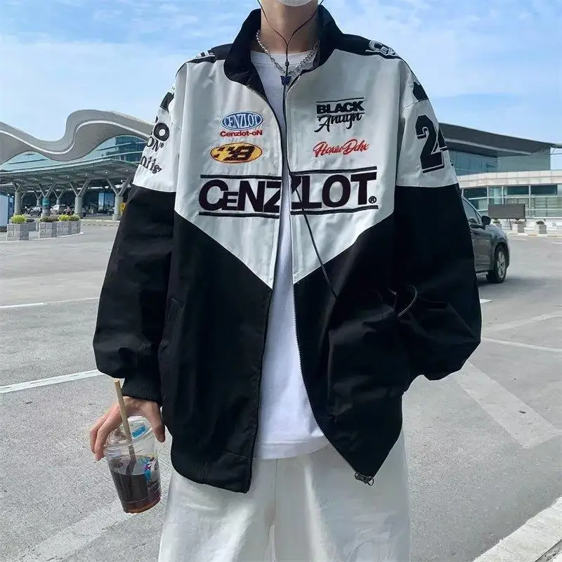 Vintage oversized print handsome motorcycle racing suit jacket men 2022 street hip-hop couple windbreaker Y2K bomber jacket mens