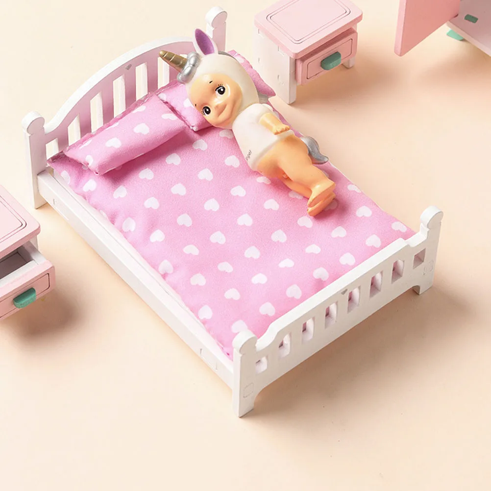 1 ensemble de Mini lit en bois avec finition lisse, meubles miniatures réalistes pour petite maison, accessoires de décoration de configuration de chambre à coucher