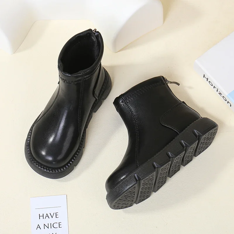 Winter Children\'s Boots Black Brown Versatile Girls Platform Ankle Boots Simple Classic Kids Fashion Causal Plush Boots Zipper