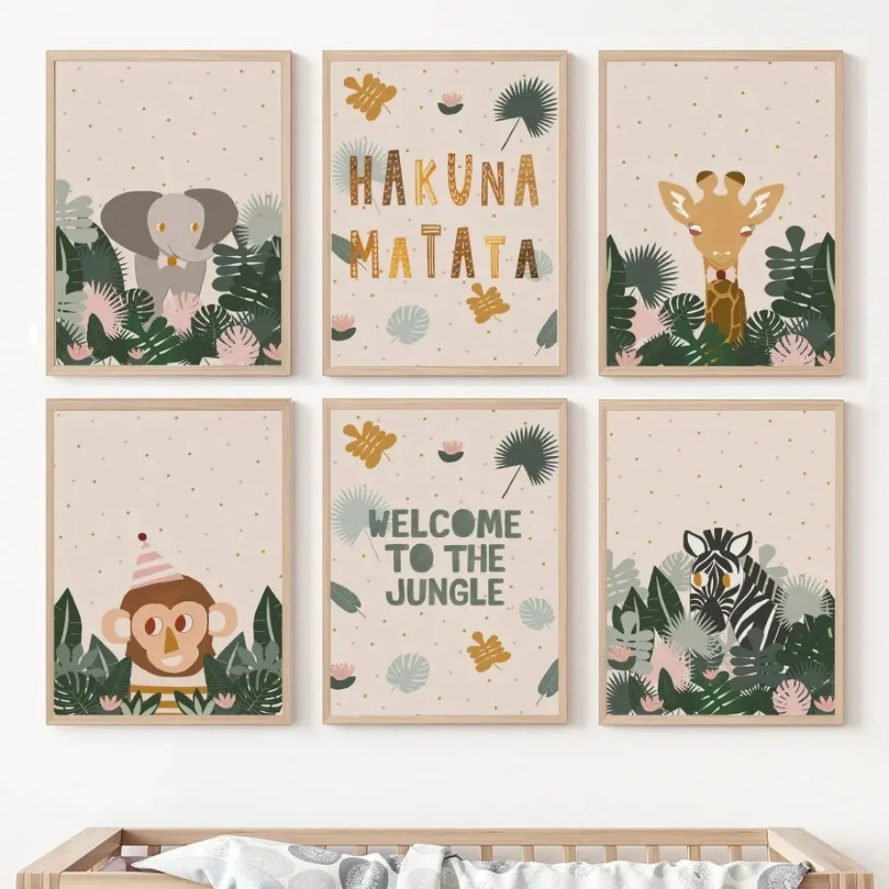 حيوانات الغابة الاستوائية الزرافة الفيل القرد هاكونا ماتاتا الفن قماش اللوحة الملصقات غرفة الاطفال ديكور