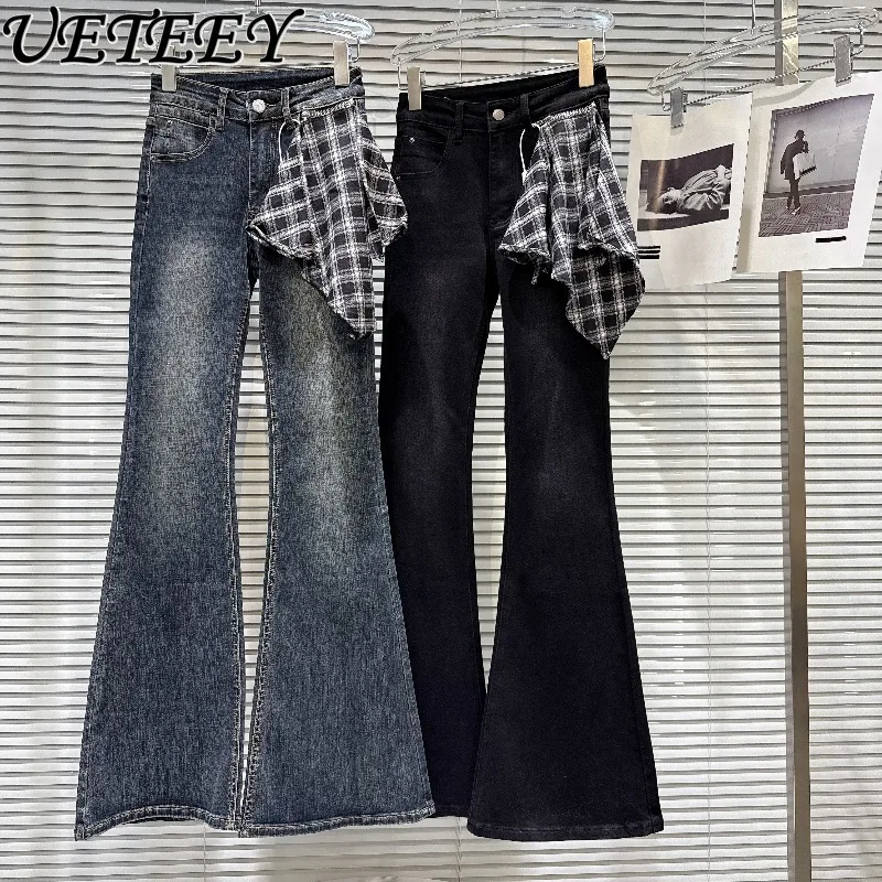 

Spring Autumn New Cool Plaid Scarf Accessory Design Slim Fit Flared Jeans Fashion High Waist Dark Color Versatile Denim Pants