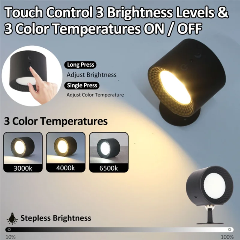 

A36T-USB Rechargeable LED Lights With Remote 3 Color Temperatures Brightness Dimmable 360° Rotatable Magnetic Installation