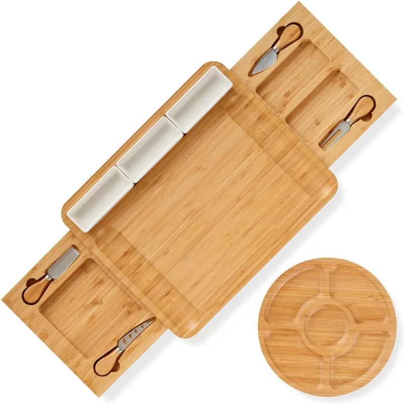 Natural Bamboo Cheese Board and Knife Set Charcoal Board Set is a cheese, meat, biscuit serving tray