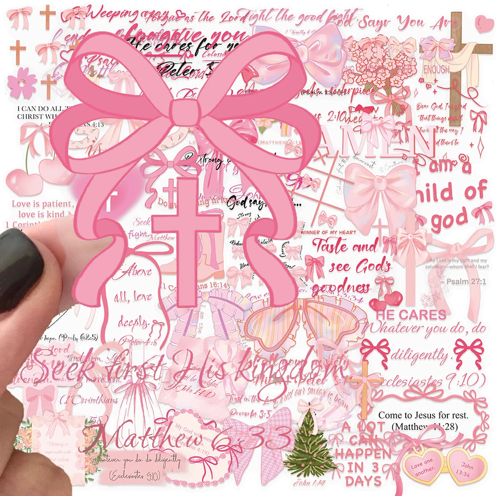 

10/30/50pcs Transparent Pink Bible Phrases Stickers Cute Aesthetic Bow Decals Toy DIY Luggage Phone Stationery Sticker for Gifts
