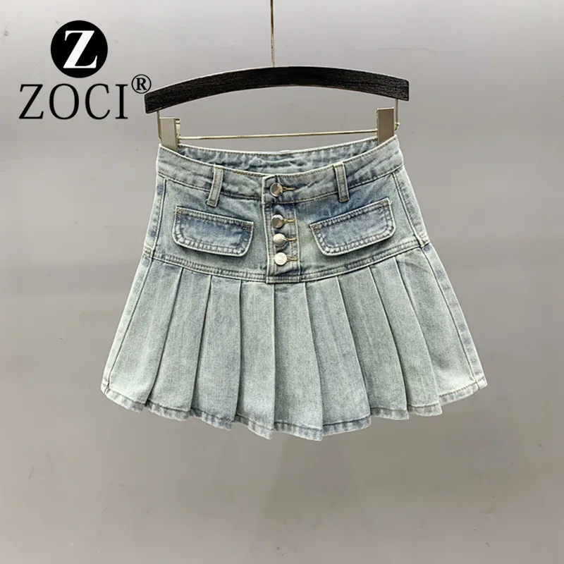 

[zoci] High Waisted Single Breasted Denim Pleated Skirt Down Summer, Niche Youth, Age Reduction,