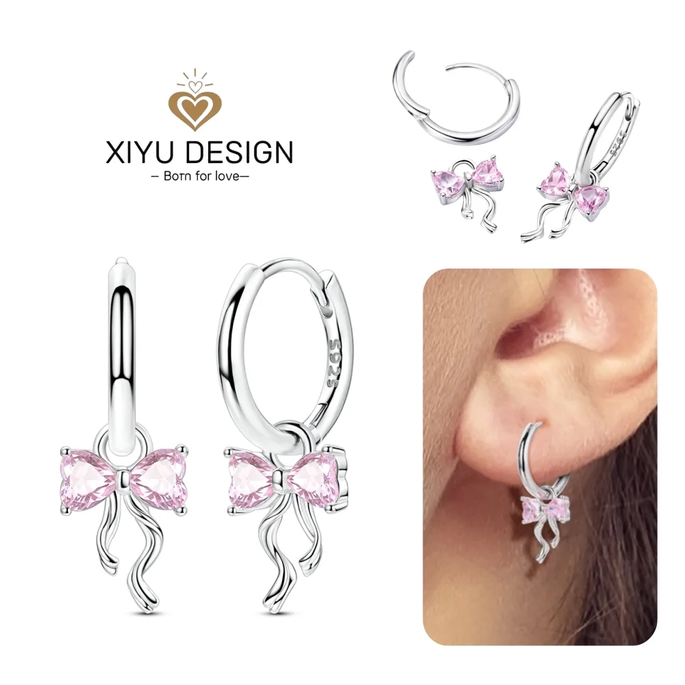 Fashion Charm 925 Sterling Silver Sparkling Pink Bow Row Hoop Earrings Fit Original Hoop Fine Jewelry Birthday Gifts  for Girls