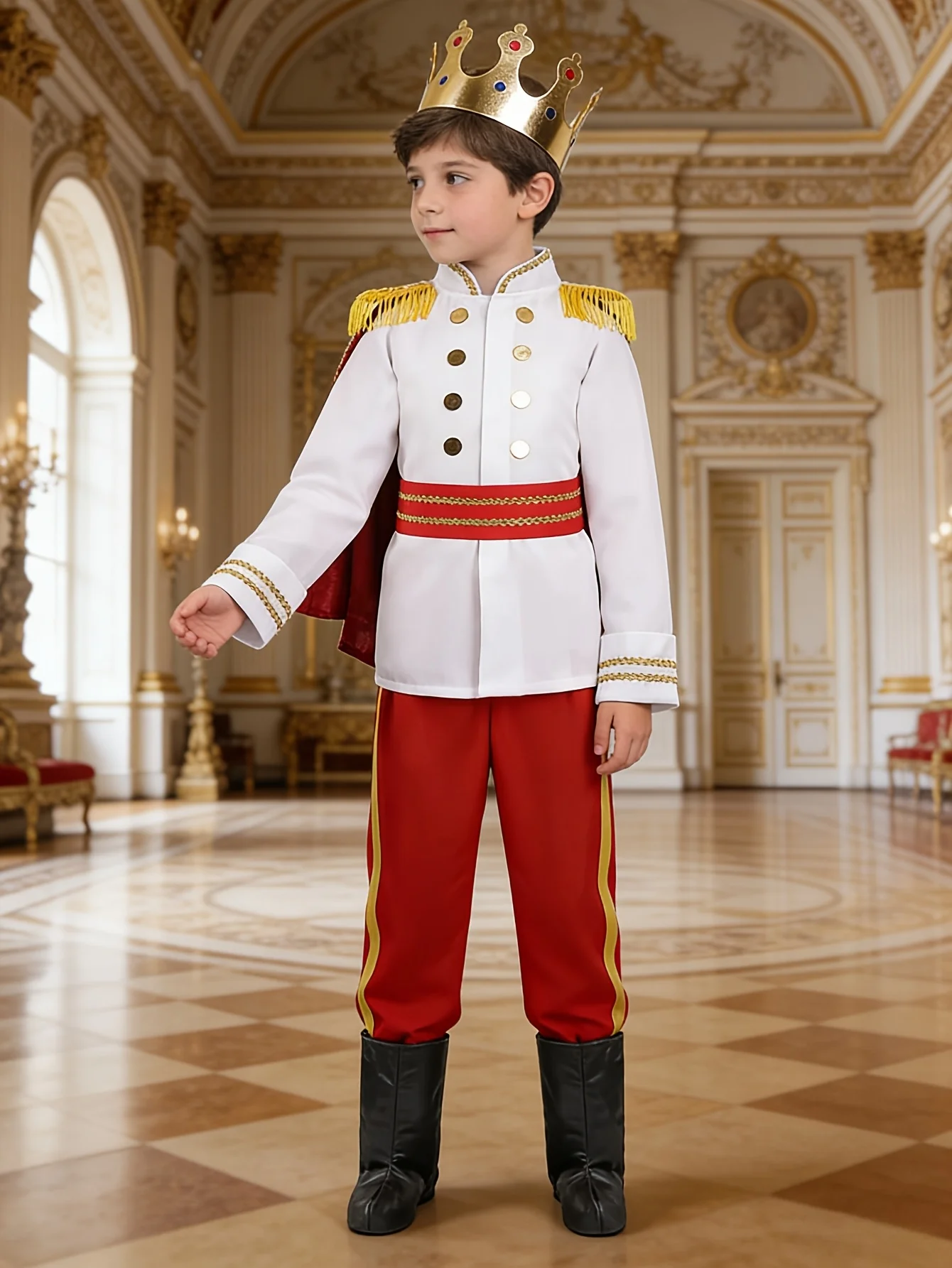 Conjunto de disfraz de príncipe para niños, chaqueta, pantalones, capa, faja y cubrebotas para fiesta