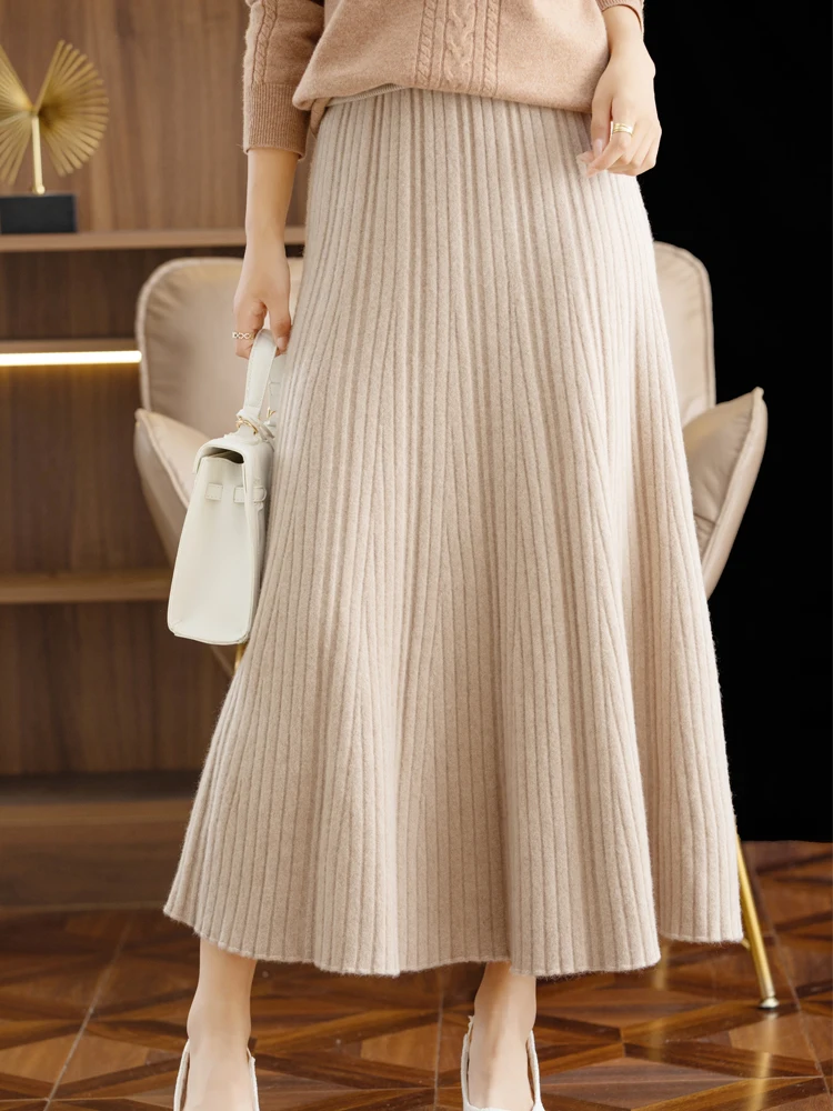 ADDONEE Autumn Winter Women Wool Skirt Office Lady Pleated Long Skirt 100% Merino Wool Knitwear Grace Dress Korean Fashion