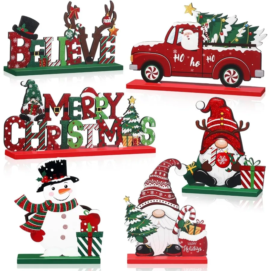 6 Pcs Christmas Table Decorations Wooden Christmas Table Centerpieces Xmas Snowman Santa Claus Gnome Signs Merry Xmas Toppers