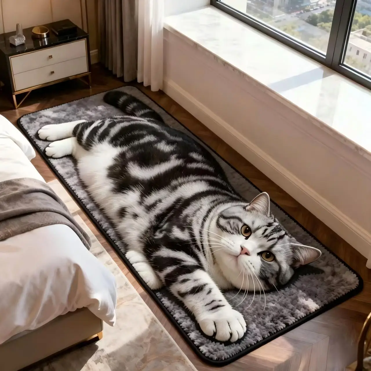 Tapete 3D realista em formato de gato, macio e fofo, tapete antiderrapante para quarto e banheiro, absorvente e lavável.