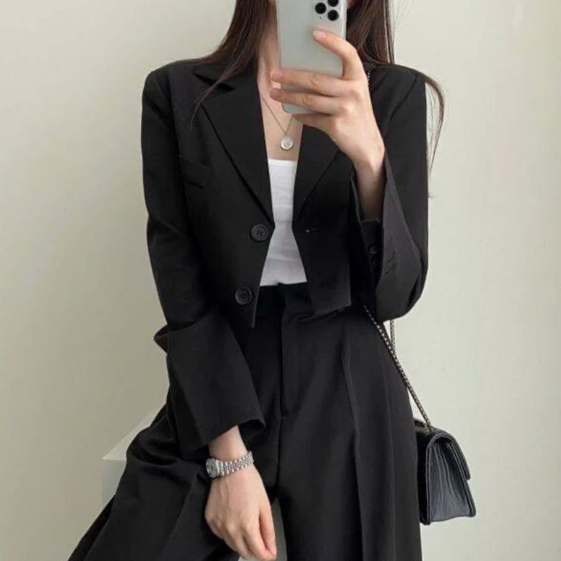 

DAYIFUN Elegant Two Piece Suits Blazer Female Short Tops Jacket Wide Leg High Waist Pants Office Ladies Sets Casual Coats