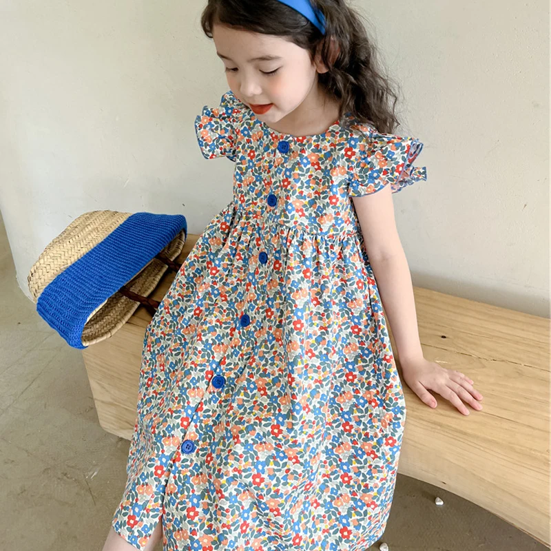 Girls\' Dress Single Breasted Floral Fly Sleeved Dress Princess Dress 2023 Summer New Pastoral Princess Style Children\'S Clothing