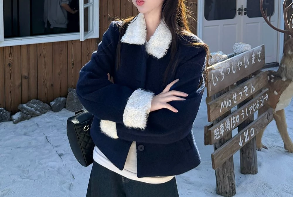 Gentle Wind Splicing Lamb Wool Collar with Cotton Thickened Coat for Women's Autumn and Winter Style Versatile Top