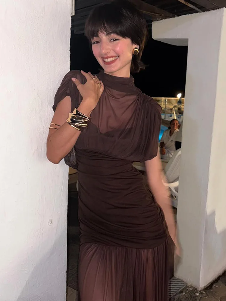 Apprabant Damen-Maxikleid, durchsichtig, Netzstoff, plissiert, halber Rollkragen, sexy, schickes Mädchen, figurbetont, langes Kleid, modisch, Party, Streetwear