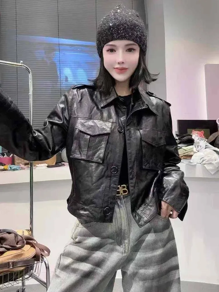 High Street Giacca da donna in vera pelle di vacchetta cerata a olio stile corto monopetto stile punk capispalla cappotti casual da moto