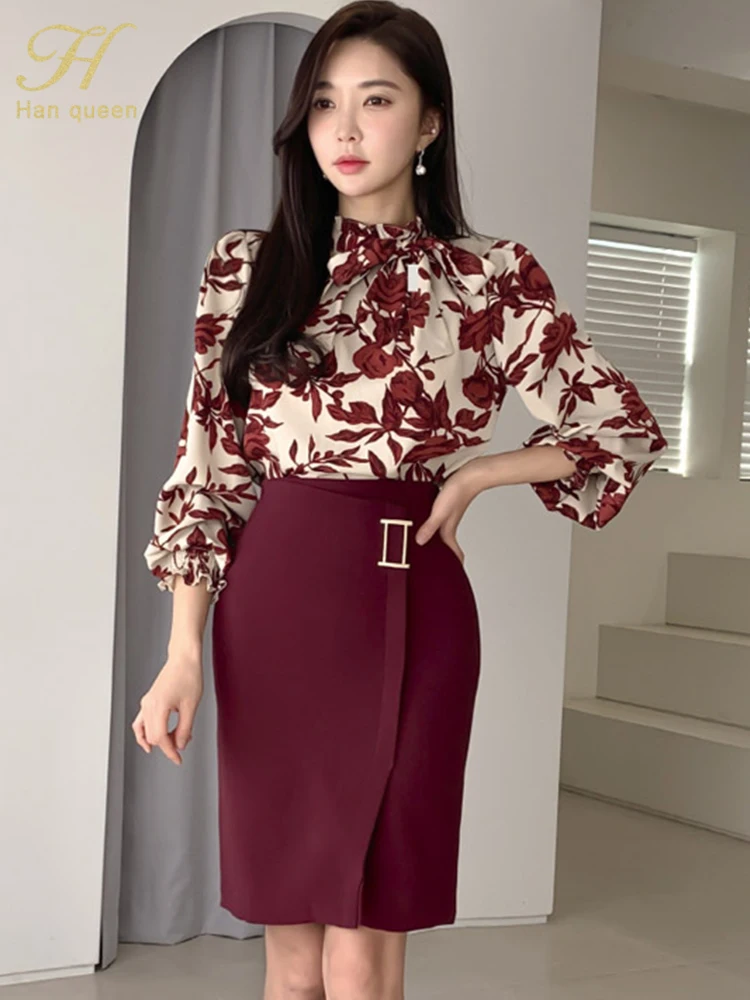 H Han Queen Women Spring Sexy Print Fashion Casual OL Work Wear 2 Pieces Set Sheath Pencil Bodycon Suit skirt