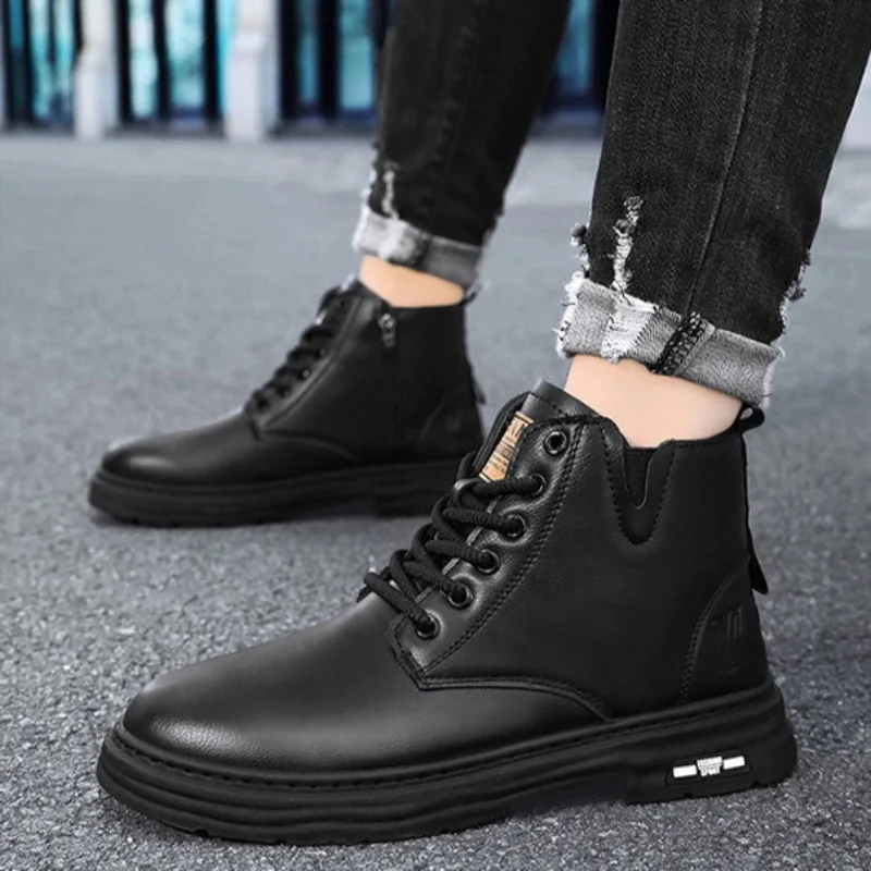 2025 männer Stiefeletten Mode High-top Casual Leder Boot Nicht Slip Plattform Stiefel für Männer Lace Up Motorrad stiefel Botas Hombre