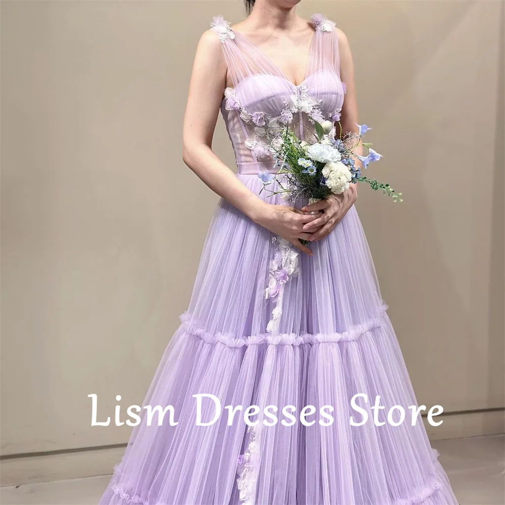 Lism Lavendel Tüll Brautkleider V-Ausschnitt ärmellose A-Linie Brautkleid Blumen applikationen Korea Fotoshooting Kleider nach Maß