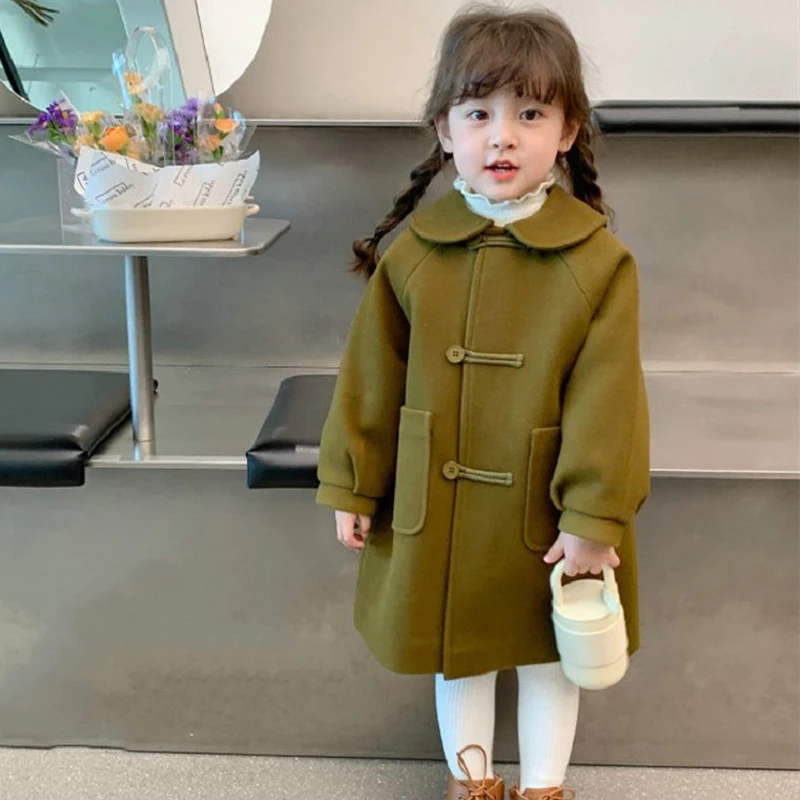 Girls Woolen Overcoat Autmn Winter New Long Style Thick Warm Jacket For 2-6Y Doll Neck Single Breasted Cardigan Windbreaker Coat