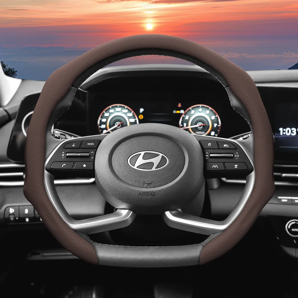 Adecuado para Hyundai Funda de cuero perforado para volante, antideslizante, absorbente del sudor, transpirable, funda protectora integrada Elantra N Sonata Ioniq 5 5N 6 9 I30 I20 Venue Kona Santa Cruz Tucson Santa Fe Palisade