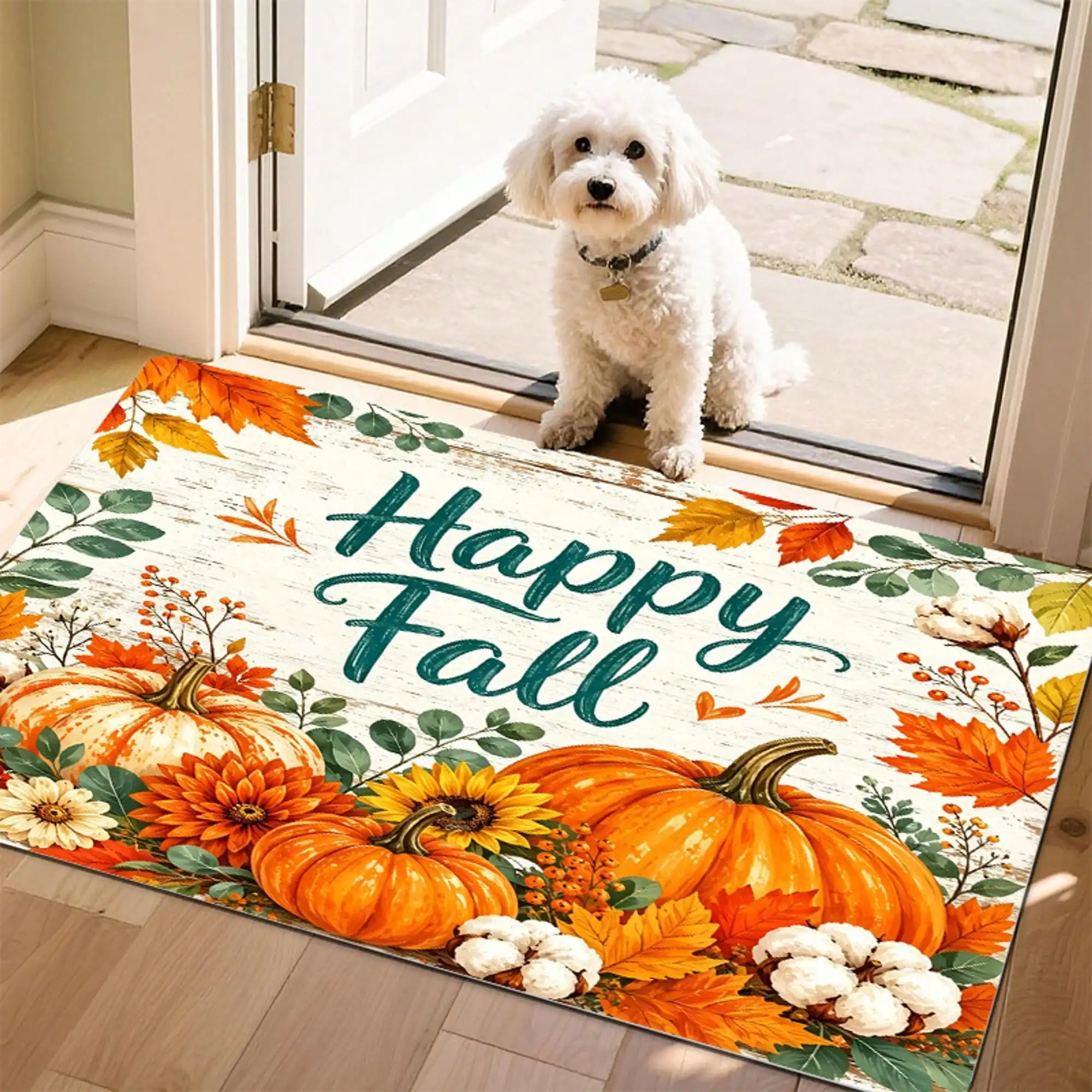 1pc Rectangular Welcome Mat, Happy Fall Pumpkin And Sunflower Printed Pattern, Nonslip And Dirtproof Washable Mat, Flannel Material Is Soft, Comfortable And