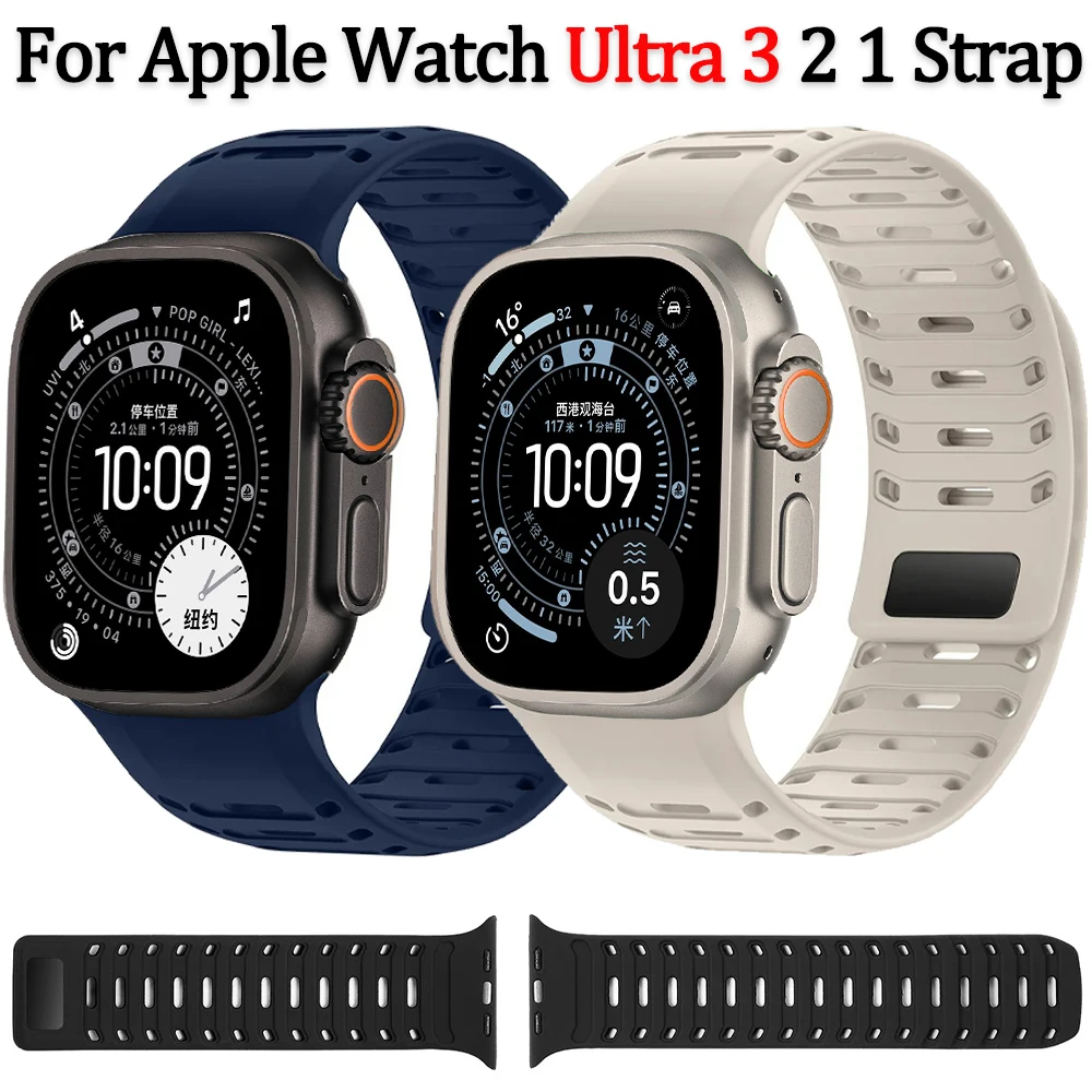 

Дышащий силиконовый ремешок для Apple Watch Ultra 3/2 49 мм Магнитный ремешок для часов iWatch Series 11 10 9 8 7 6 5 SE 46 мм 45 мм 44 мм Ремешок