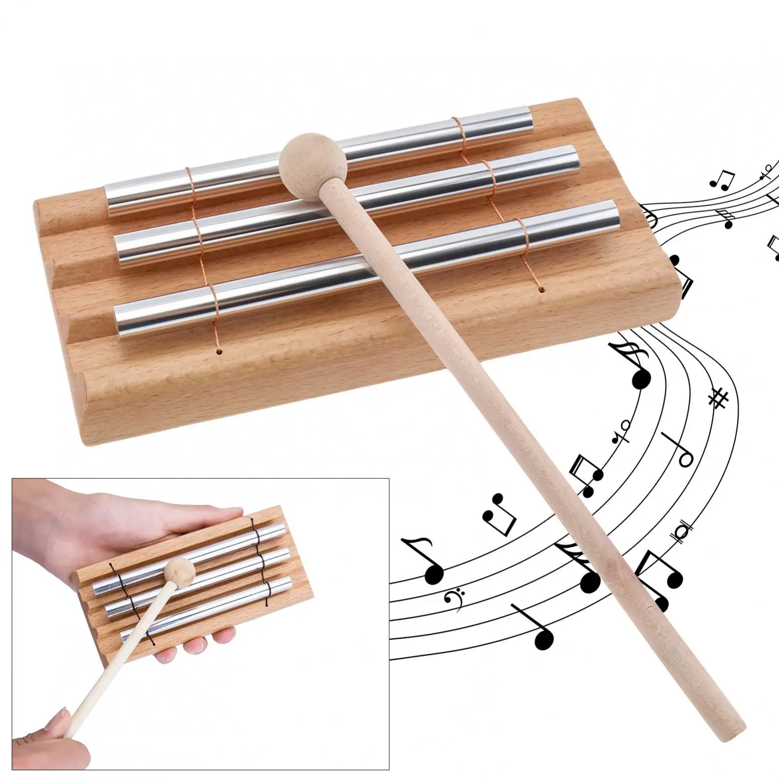 Three Tone Chime Bar for Classroom Management / Meditation and Mindfulness, Wooden Bells Percussion Instruments