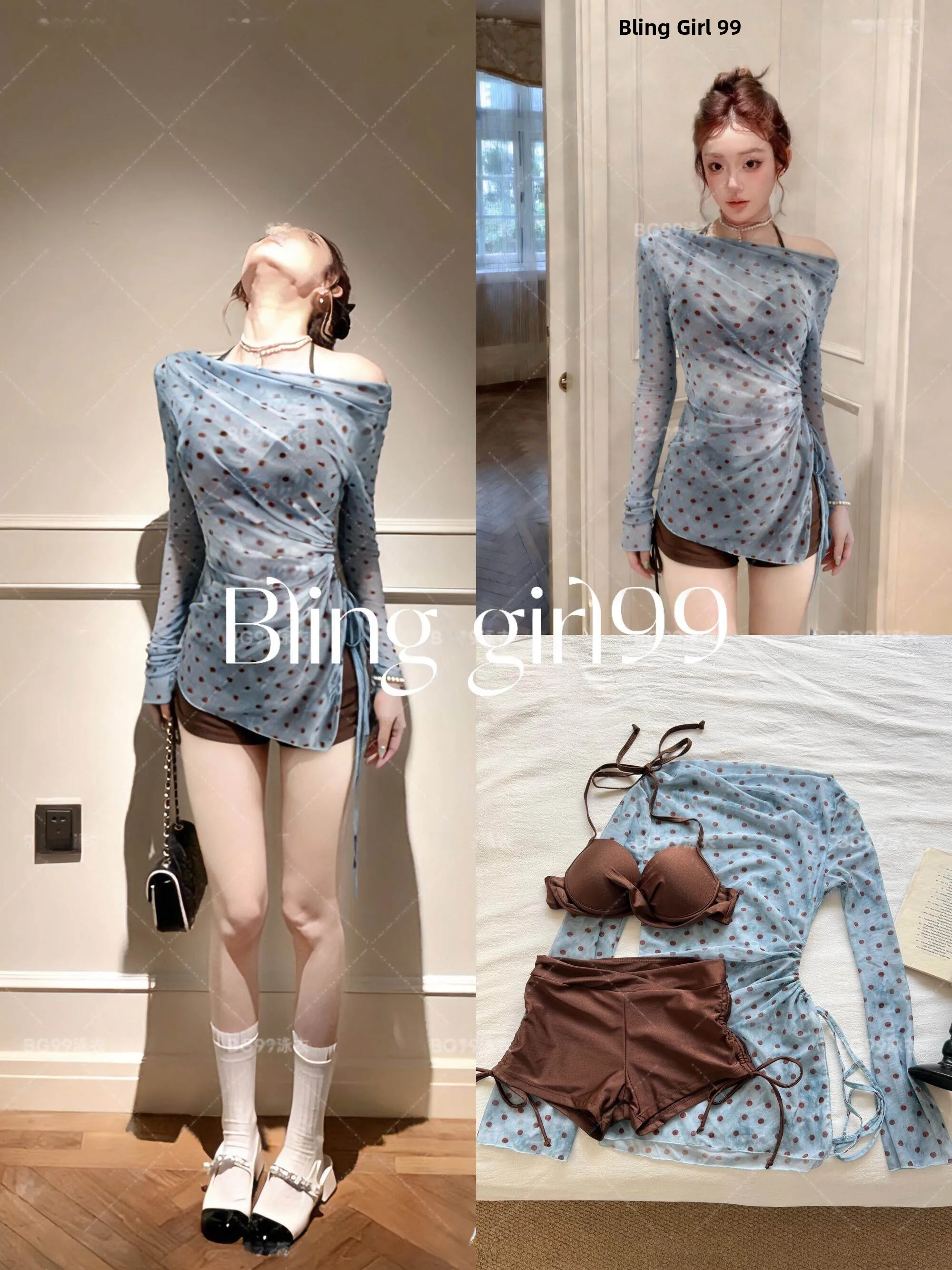 

Сексуальный винтажный плиссированный купальник с открытыми плечами, утягивающий, из двух частей, для женщин, в стиле для отдыха на горячих источниках, из полиэстера, спортивный купальник