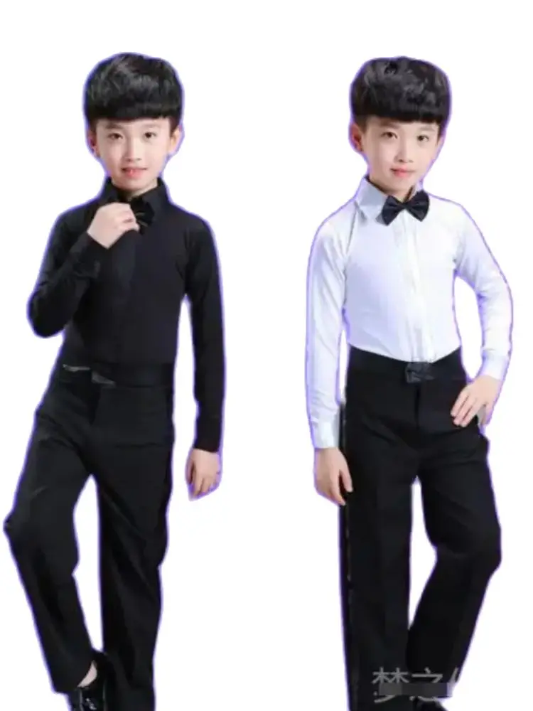 1set/lot Boys Latin Dance Costume Ballroom Cha Cha Tango Stage Performance costumes Children Black White Bow top and pant