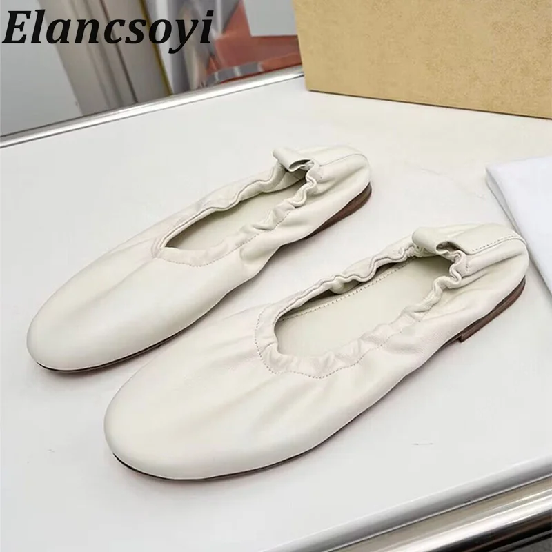 

Round Toe Real Leather Pleated Elastic Band Flat Shoes Women Solid Color Retro Loafers Spring Autumn Soft Soled Ballet Shoes