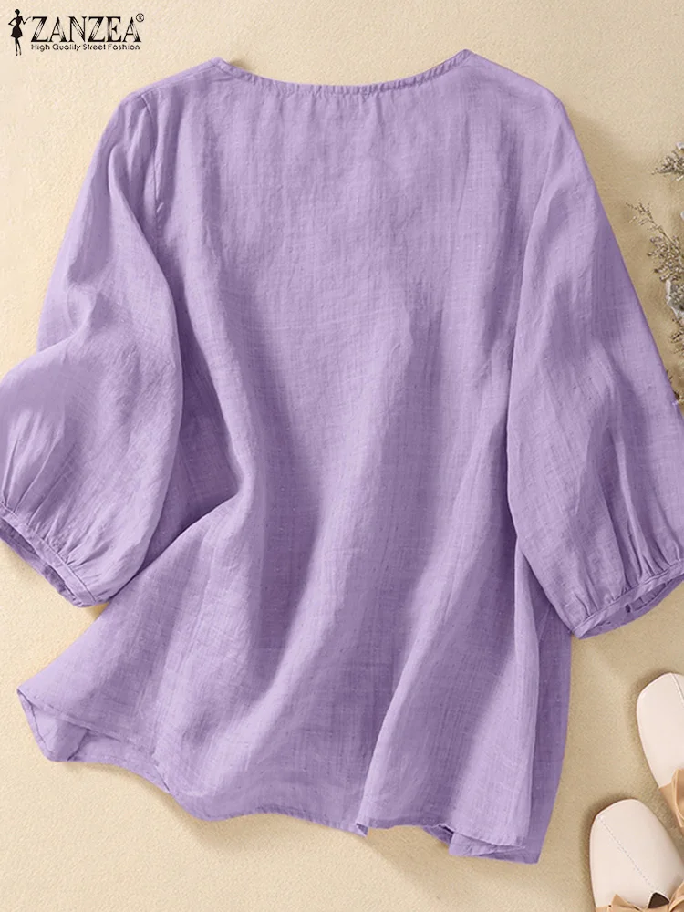 2024 ZANZEA Summer V Neck 3/4 Sleeve Shirt Vintage Women Blouse Elegant OL Work Tops Casual Holiday Blusas Tunic Loose Chemise