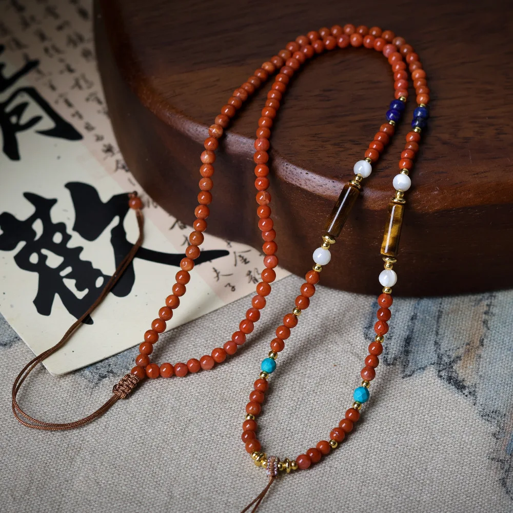 

Original hand woven Nanhong agate, lapis lazuli, tiger eye stone universal necklace rope, new Chinese women's sweater chain