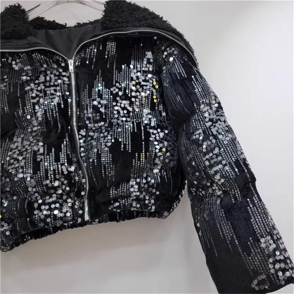 2023 Winter New Fashion Sailor Collar Sequins Decoration Velvet Short Cotton Coat Women Thickened Warm Padded Jacket Y4694