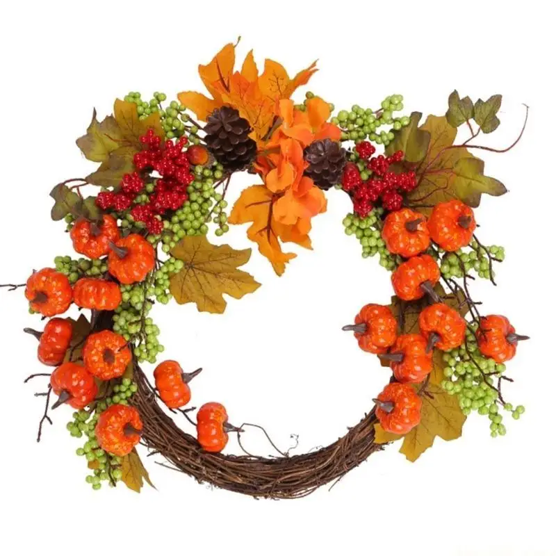 

QX2E Хэллоуинский венок для входной двери Тыква Кленовый лист Осенний венок на День Благодарения