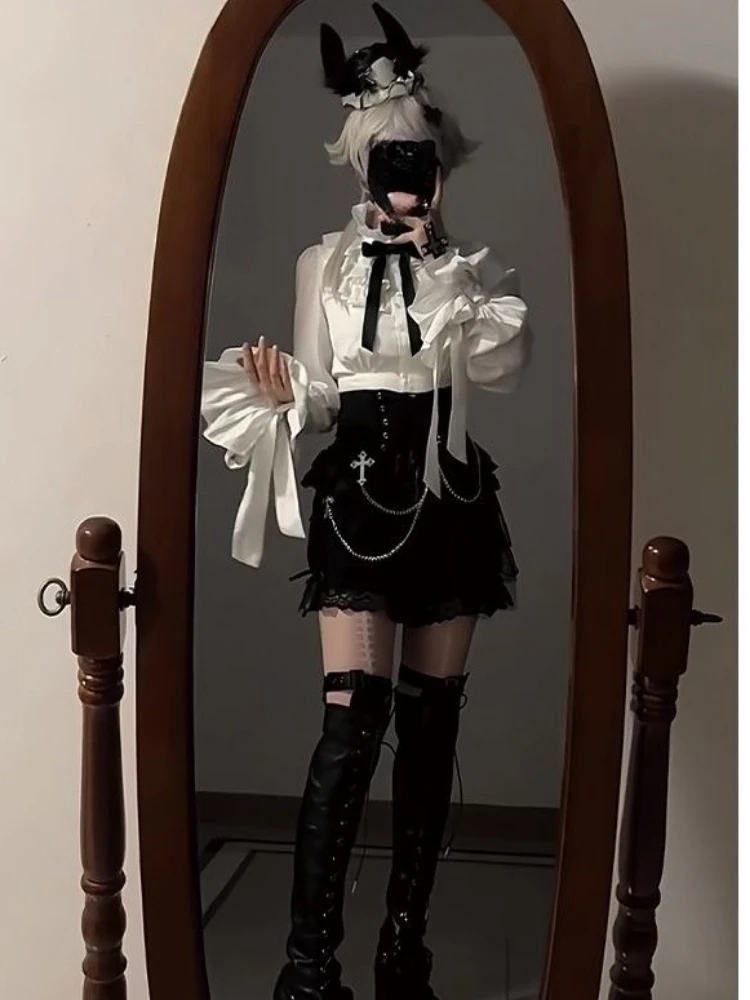 Lolita 3 Piece Sets Y2k Women Flare Sleeve Blouses + High Waist Lace Patchwork Shorts + Irregular Vest Aesthetic Outfits Suit