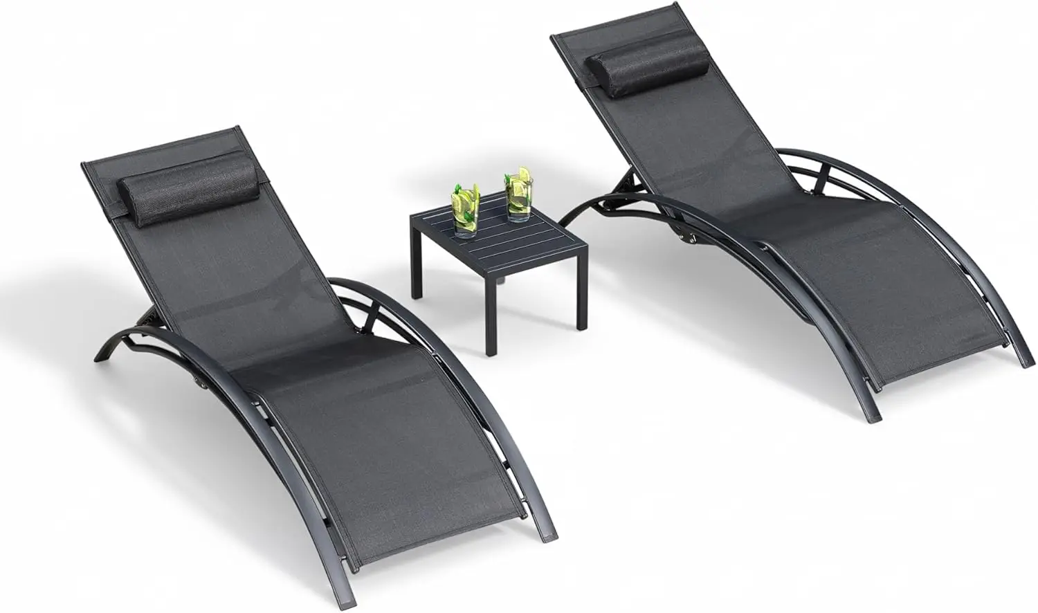 

3-Piece Patio Chaise Lounge Set Outdoor Recliner Beach Pool Lawn Lounger with Arm All Weather + Side Table Black