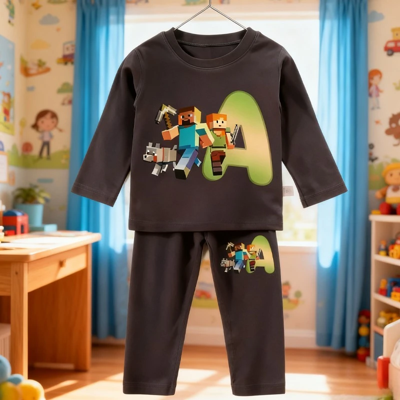 

New Game Theme Derong Long-sleeved Long Pants Set Minecrafted Pajamas Set Children Autumn Winter Home Wear Loungewear Xmas Gifts