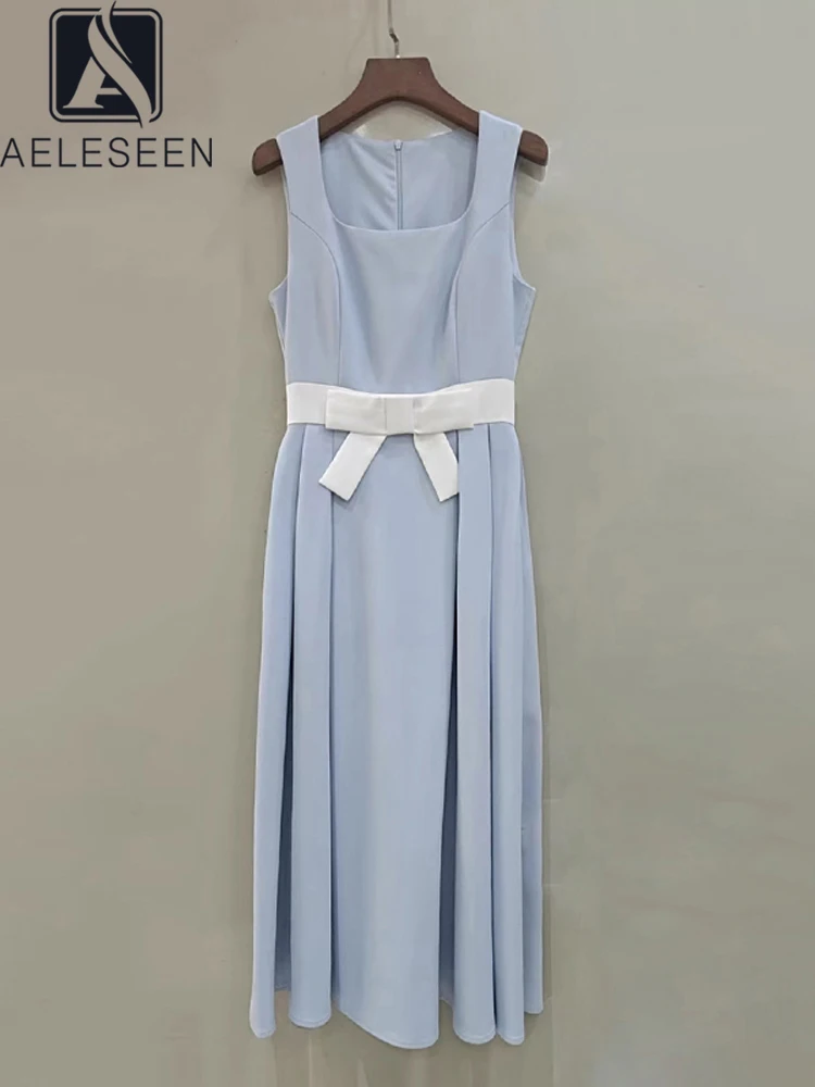 

AELESEEN Women's Elegant Midi Party Casual Dress Summer Sleeveless Square Collar Blue Black Bow Designer Fashion Washable