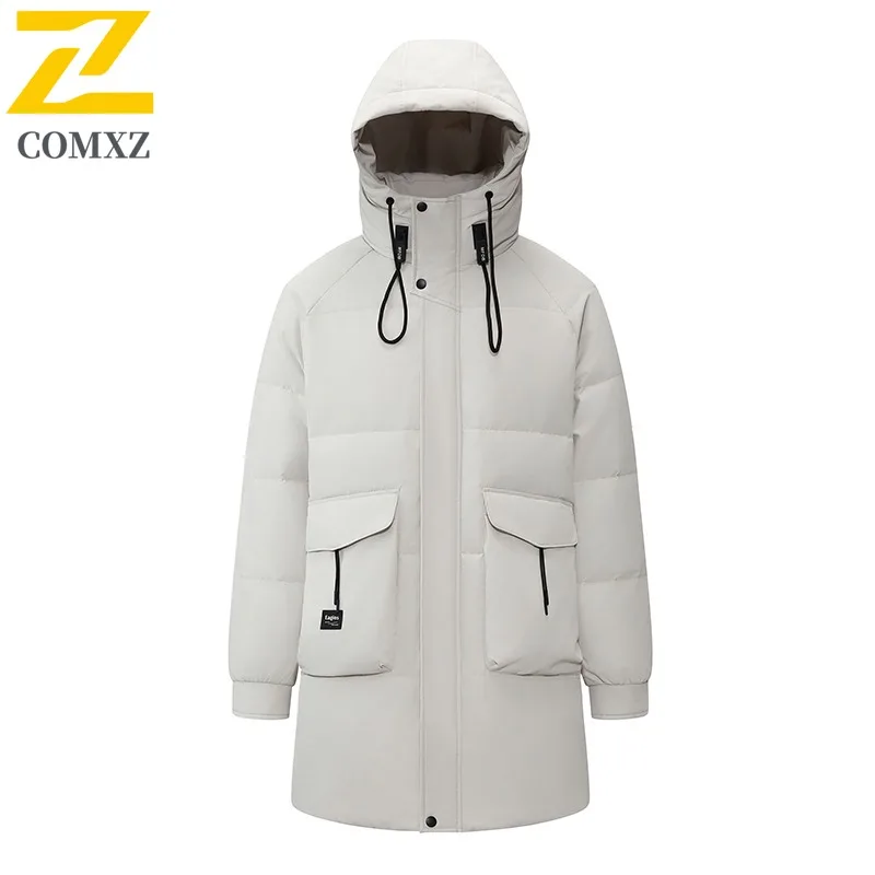 COMXZ Men Long Down Jacket Leisure Hooded Outdoor Climbing Cold Protection Padding Coat Travel Lightweight Winter Windbreaker