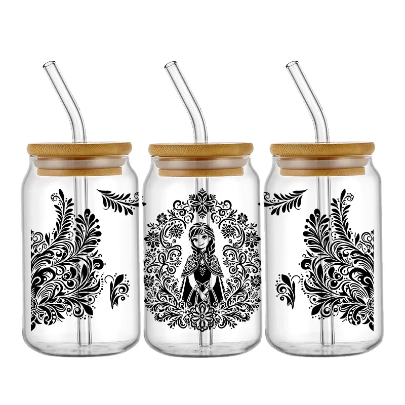 Black Disney Princess 16oz UV DTF Wraps Transfer Sticker For Libbey Glass Cup Waterproof Wrap Transfers Decals