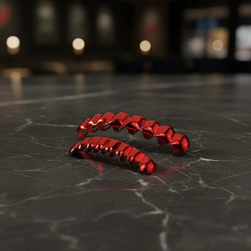 Rotes Spiegel-Hip-Hop-Grillz-Set 8 Zähne Oben und Unten Grills Y2K Party Cosplay Zähne Halloween-Schmuck für Männer und Frauen – Detail 2