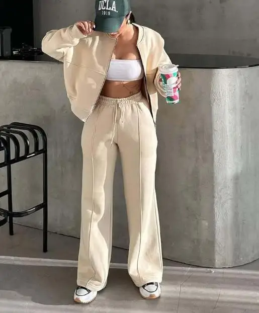 

Classic Casual Sports Style Women's 2-Piece Set Solid Color Round Neck Sweatshirt Jacket High Waisted Straight Leg Pants Set