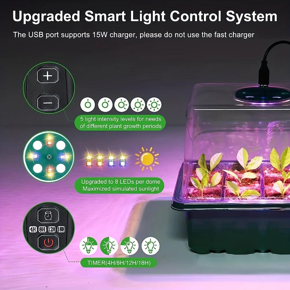Hole 12 Cell Per Tray LED Grow Light Full Spectrum with Seedling Tray Plant Seed Starter Trays Home Greenhouse Growing Lamp