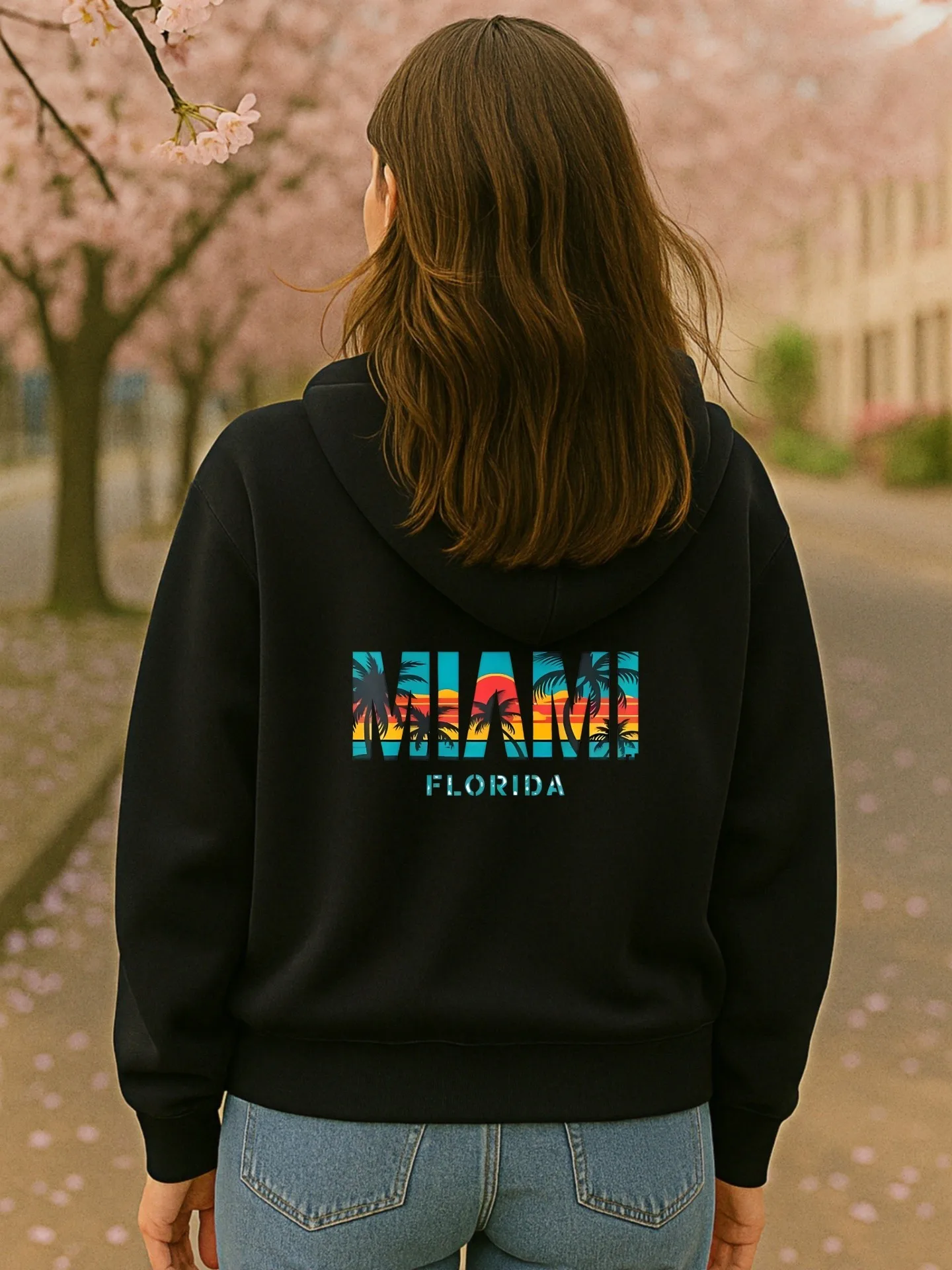 Graphic Hoodie Women, Miami Letter Print, Streetwear Aesthetic, Cotton Blend, Casual Everyday Wear, For Young Men