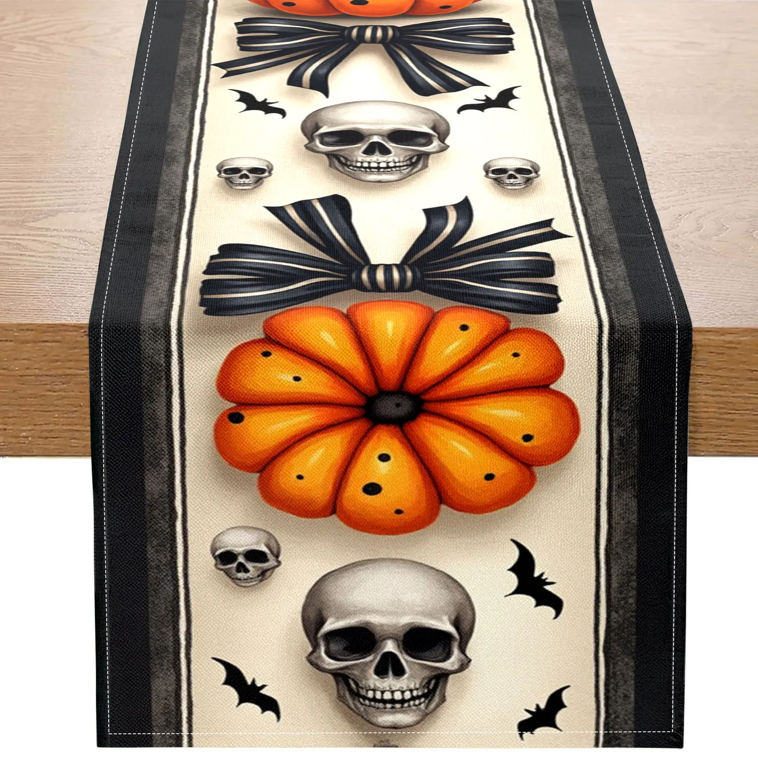 

Цельная дорожка для стола темной тематики на Хэллоуин с тыквой, черепом и рисунками летучей мыши, подходит для вечеринок на Хэллоуин и темных украшений