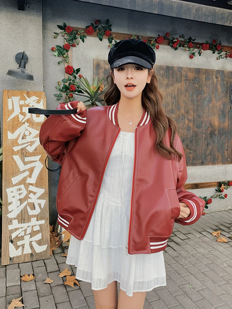 American Sle Streetwear Red Leather Jaet Damen Casual Ort Länge Cool Sle Frühling Herbst Baseball orm Ledermantel
