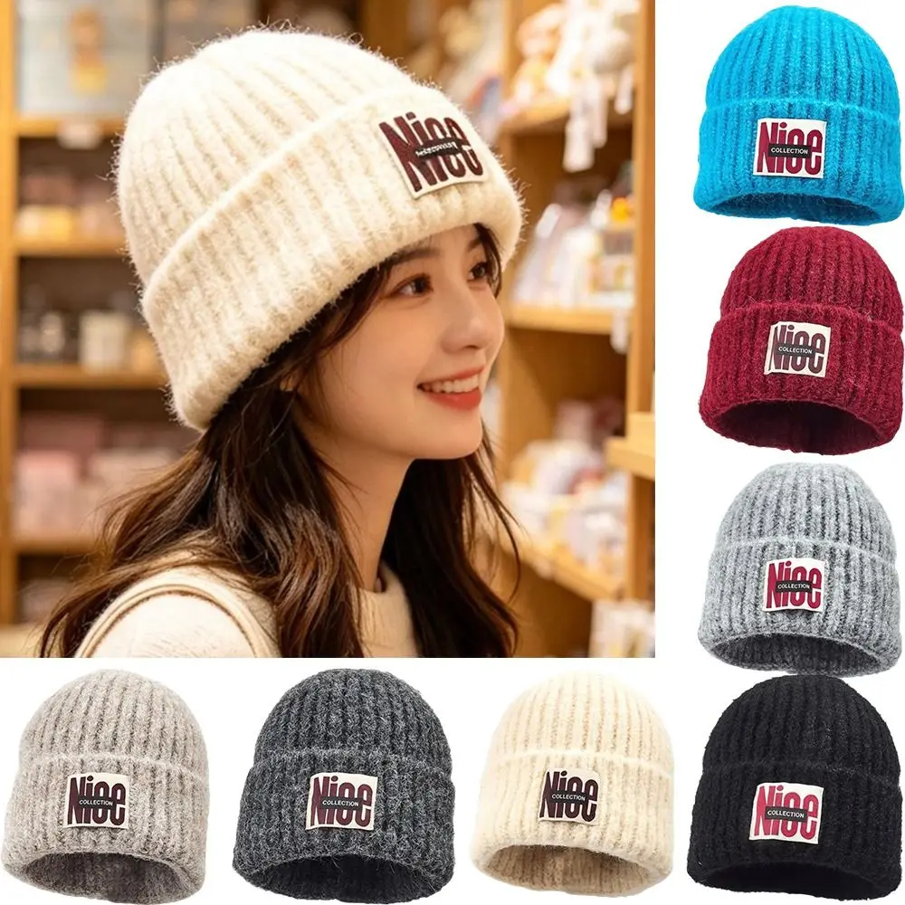 Fashion Letter Embroidery Knitted Woolen Hat Thickened Keep Warm Beanies Cap Windproof Ear Protection Hat for Student Girls